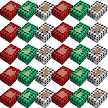 Imagem de Cholemy 120 caixas de biscoito de Natal com janela, caixas de presente xadrez de búfalo para dar de presente 20 x 15 x 9 cm, recipientes de confeitaria de Natal para doces, donuts, lembrancinhas de