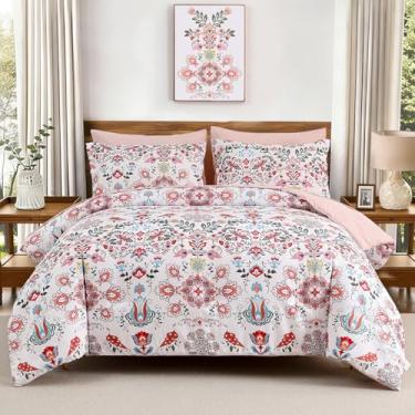 Imagem de DHSFKBE Conjunto de edredom boêmio Queen – Conjunto de cama em uma bolsa com 7 peças, design floral, conjunto completo de microfibra macia para todas as estações (rosa claro, Queen)