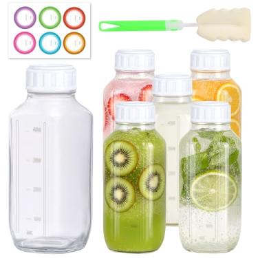 Imagem de CAKKVDE Garrafas de vidro de 473 ml com tampas, pacote com 6, garrafas de vidro com tampas e marca de escala, frascos de água de 500 ml para leite, suco, kombucha, gengibre, copos de bebida, frascos