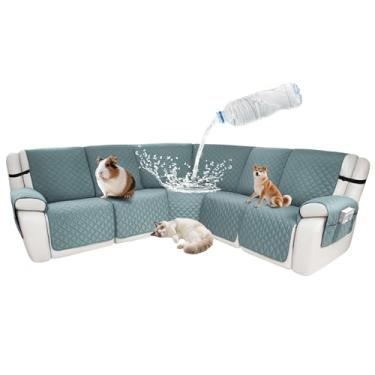 Imagem de ROFASVCO Capas de sofá reclináveis secionais à prova d'água, em forma de L, 7 peças, antiderrapante, lavável, conjunto de capa reclinável de canto para cães de estimação (capa de 5 lugares, azul