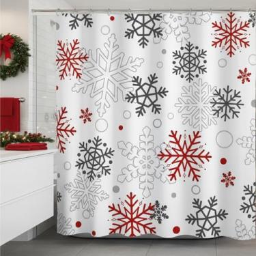 Imagem de ZCHOMI Cortina de banheiro de flocos de neve de Natal vermelha e cinza cortina de banheiro de inverno impermeável de tecido de poliéster 182 x 182 cm com 12 ganchos