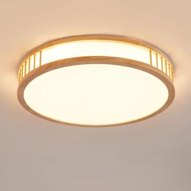 Imagem de Luminária de teto LED com acabamento em madeira, luz quente 3000K, design nórdico plano e redondo, ideal para sala de estar, quarto, cozinha, restaurante, corredor, iluminação interna de 30