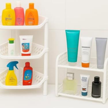 Imagem de Porta Shampoo Cantoneira Sabonete Produtos de Banho Suporte Organizador Plástico 4 Andares(kit 3 andares + suporte de pia)