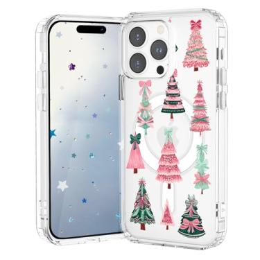 Imagem de VibrantFruitique Capa de Natal para iPhone 15 Pro Max, capa magnética transparente rosa boho árvore de Natal, compatível com MagSafe, capa protetora à prova de choque de TPU macio com anel magnético