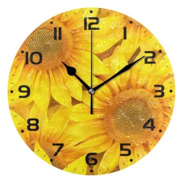 Imagem de JUZIHAI Relógio de parede com girassol amarelo, silencioso, redondo, sem tique-taque, operado por bateria, fácil de ler, relógio decorativo de parede para casa, cozinha, sala de estar, quarto
