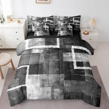 Imagem de Erosebridal Conjunto de edredom com pintura a óleo preto e cinza, aquarela, patchwork, geométrico, para crianças, adolescentes e adultos, conjunto de cama geométrico moderno de 7 peças, arte de