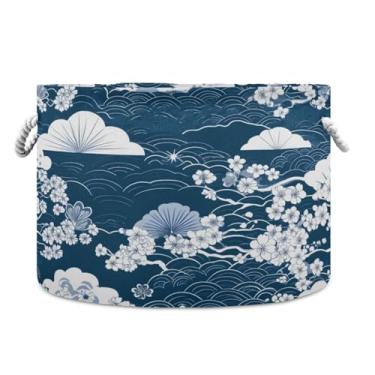 Imagem de JUZIHAI Cesta de armazenamento dobrável com padrão azul e branco, cesto de roupa suja para bebê, cobertor com alças de corda de algodão, caixa organizadora de armário dobrável para quarto, berçário