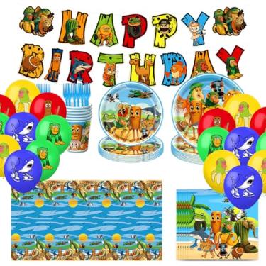 Imagem de Conjunto de decorações de aniversário italiano Brainrot com faixa tralalero de feliz aniversário, balões de podridão cerebral, topos de cupcake, pano de fundo de desenho animado, pratos, guardanapos