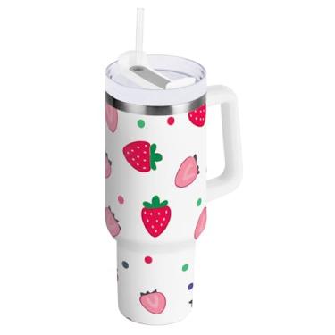 Imagem de ODAWA Copo grande à prova de vazamento, lindos copos de isolamento duplo branco morango com tampa e canudo