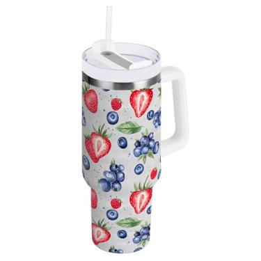 Imagem de ODAWA Copos com isolamento duplo de mirtilos morangos com canudo e alça, copo de água 1,134 g