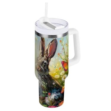 Imagem de ODAWA Copo de água isolado Coelhos Butterflies de 1,134 g com canudo e alça, copo com isolamento duplo com tampa 2 em 1