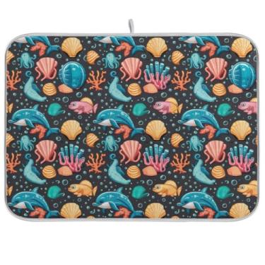 Imagem de Tapetes de secagem rápida para louça, animais marinhos, preto, absorvente para café, tapete de microfibra, protetor de bancada de cozinha, 45 x 61 cm