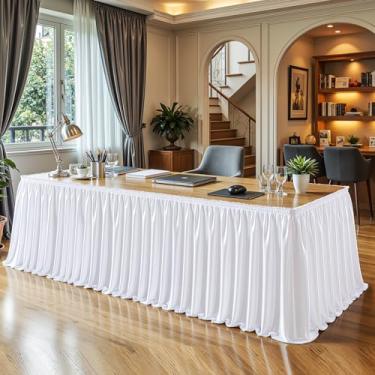 Imagem de Saia de mesa de cetim branco 1,8 m brilhante elastano toalha de mesa para mesas retangulares/redondas com babados plissado saia de mesa sem rugas para cozinha doméstica, decoração de mesa de