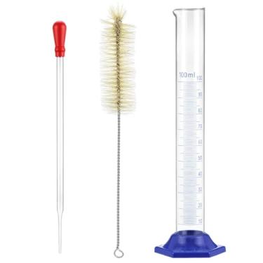 Imagem de QWORK Cilindro graduado de vidro espesso de 100 ml com protetores de para-choque e escova de cilindro, cilindros de laboratório líquido de medição