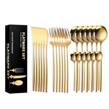 Imagem de AUXOM Faqueiro 24 Peças em Aço Inox 416 - Jogo de Talheres Premium com Caixa Litografada, Polido e Espelhado de faca e garfo Conjunto para Mesa Posta e Utensílios de Casa/Restaurante (Dourado)