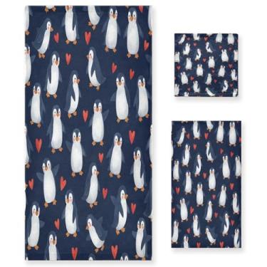 Imagem de Wassud Playful Penguins Conjunto de 3 toalhas de banho para dia dos namorados, toalhas super macias e absorventes para banheiro, toalhas de banho de secagem rápida, toalha de banho para academia, spa