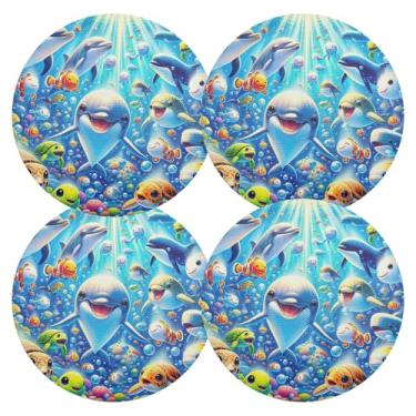 Imagem de Conjunto de 4 tapetes de jantar Dolphins Ocean Friends, 38 cm lavável, jogo americano de mesa de PVC, para mesa de jantar, mesa de cozinha