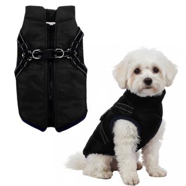 Imagem de Casaco de inverno para cães com arnês impermeável quente para filhotes de cachorro roupa quente para o inverno (preto, pequeno)