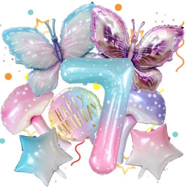 Imagem de 8 balões de borboleta, cogumelo, estrela, feliz aniversário redondo e balão colorido número 7 de 101 cm para decoração de festa de 7º aniversário de Fariy Girls. (7º)