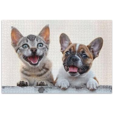 Imagem de Quebra-cabeça de gato e cachorro feliz sentado ao lado adultos 1000 peças quebra-cabeça família amantes presentes natureza quebra-cabeça família brinquedo arte