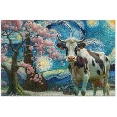 Imagem de Noite estrelada vaca flor de cerejeira quebra-cabeças 1000 peças quebra-cabeça adultos família brinquedo arte personalizado grande quebra-cabeças divertido bobo, 75 x 40 centímetros