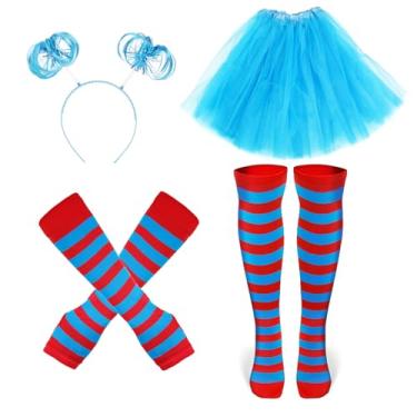 Imagem de Acessórios de fantasia de tutu azul para mulheres, meninas, faixa de cabeça de pompom, saia de tule, listras azuis e vermelhas, conjunto de meias para usar na semana espiritual, roupa de Halloween