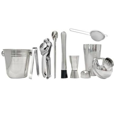 Imagem de Kit completo de barman para coquetéis com 8 peças em aço inoxidável, incluindo coqueteleira, espremedor de frutas, mexedor de bebidas, copo medidor, balde, colher, pinça e coador