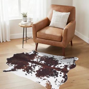 Imagem de Guyi Rare Tapete pequeno de couro bovino 0,7 x 1,1 m Tapete rústico chique ocidental para quarto, sala de estar, sala de jantar, tapetes de animais marrons com estampa de vaca antiderrapante