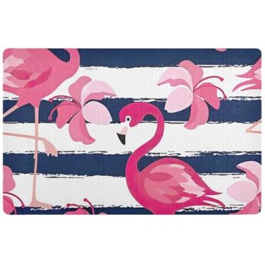 Imagem de TSENQUE Tapete de porta personalizado com listras azuis flamingo tapete de porta de entrada interior impermeável decoração de varanda antiderrapante capacho entrada externa 81 x 50 cm