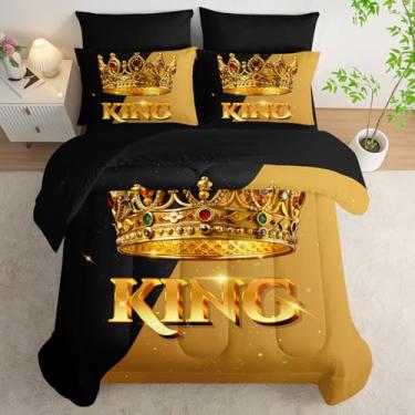 Imagem de AILONEN Conjunto de edredom Queen, preto e dourado, 7 peças, com estampa de coroa king size, lençol de cima, lençol de cima e 2 fronhas, 2 fronhas