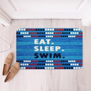 Imagem de Homewish Tapetes de banho para nadadores, tapete absorvente felpudo para amantes da natação, crianças, adolescentes, homens, esportes, natação, esportes, antiderrapante, listras, azul escuro, tapete