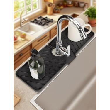 Imagem de Protetor contra respingos de torneira de silicone, protetores de pia para pia de cozinha, 48 x 16,3 cm, protetor contra respingos atrás da torneira, mantenha as pias de cozinha e banheiro secas, preto