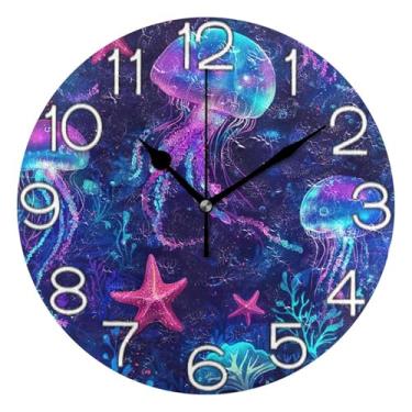 Imagem de GAIGEO Relógio de parede colorido com estampa de oceano água-viva analógico decorativo relógio de cozinha bonito e divertido alimentado por bateria, arte de parede boho decoração de casa, 25 cm