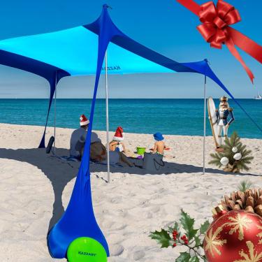 Imagem de KAZZARY Tenda de praia pop-up dossel abrigo solar FPS 50+ sombra externa leve com pá de frisabe, pinos de chão e postes de estabilidade, conjunto portátil para viagens divertidas em família (2,8 x 2,8 m, 4 polos, turquesa céu