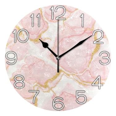 Imagem de GAIGEO Relógio de parede analógico decorativo operado por bateria relógio de cozinha fofo, decoração de parede moderna para sala de estar, veias de ouro branco rosa, 25 cm, ponteiros pretos