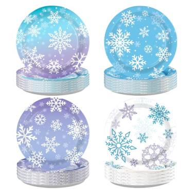 Imagem de Greencian 60 peças de pratos de festa de inverno descartáveis 18 cm pratos de papel de aniversário congelados suprimentos de festa de aniversário para decorações de festa de inverno princesa natal