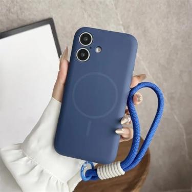 Imagem de Capa de silicone líquido macia da moda para iPhone 13 12 14 15 16 Pro Max 16 Plus, cor sólida, alça de pulso, capa de telefone, azul, para iPhone 14 ProMax