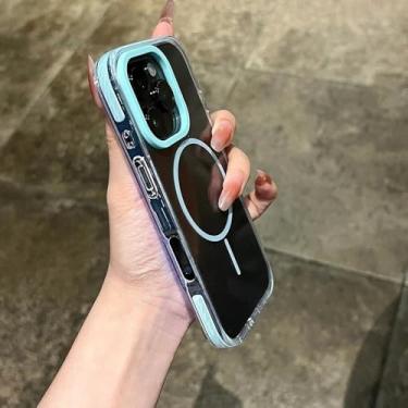 Imagem de Capa magnética transparente para iPhone 14, 15, 16 Plus, 11, 12, 13, 16 Pro Max, alça de pulso transparente, capa protetora à prova de choque, azul-claro, para iPhone 13