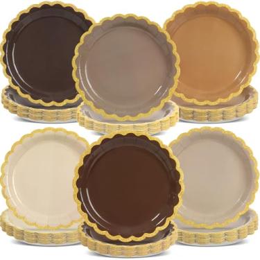 Imagem de 72 peças, pratos de papel marrom, 23 cm, prato de sobremesa marrom gradiente, utensílios de mesa, conjunto de pratos de festa recortados descartáveis para chá de bebê, casamentos, noivados, decorações