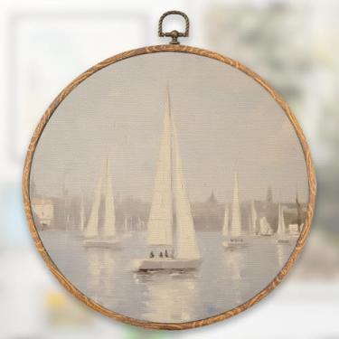 Imagem de XFN Decoração de parede redonda de veleiro vintage, paisagem náutica retrô, decoração de parede redonda, paisagem marítima azul costeira náutica rústica para decoração de sala de estar em dormitório