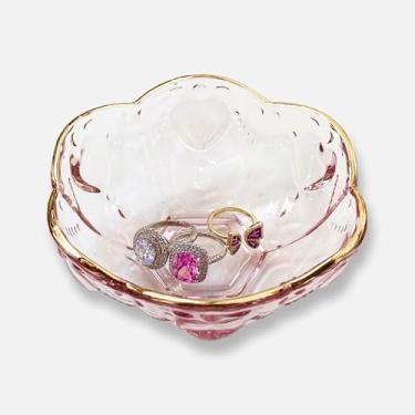 Imagem de Joias de flor rosa, suporte de anel de vidro, bandeja de joias, organizador de vaidade fofo, mesa de cabeceira estética, decoração de quarto de banheiro, bugiganga, prato, amizade, presente de