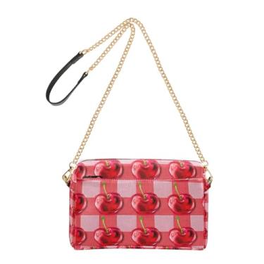 Imagem de Joitme Red Cherries Bolsa tiracolo feminina quadriculada para celular bolsa de ombro de couro PU alça de corrente