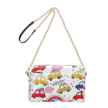 Imagem de Joitme Bolsa tiracolo feminina colorida com desenho animado de carros fofos, bolsa para celular, alça de corrente, bolsa de ombro de couro PU
