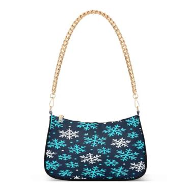 Imagem de Bolsa de ombro de corrente preta com flocos de neve azul e branco, bolsa feminina Hobo com grande capacidade, linda bolsa padrão de inverno para todos os dias e à noite