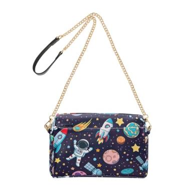 Imagem de Joitme Bolsa tiracolo feminina para celular, linda alça de corrente, bolsa de ombro de couro PU, desenho animado fofo astronautas espaciais