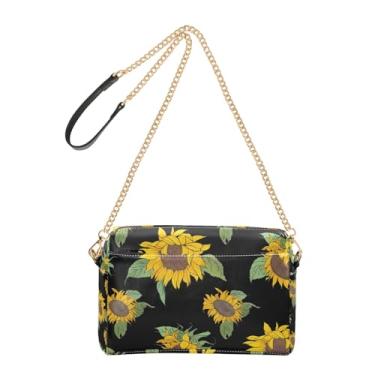 Imagem de Joitme Bolsa tiracolo feminina vibrante com folhas de girassóis e folhas pretas bolsa de ombro de couro PU com alça de corrente, bolsa de telefone fofa