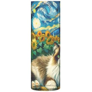 Imagem de Ragdoll Gato Noite Estrelada Girassol Vasos Altos de Plástico Bonito Cilindro Vaso de Flores para Mesa Floral Moderno Vaso Decorações, 30 cm x 9,9 cm