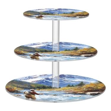 Imagem de Tranquil Fisherman Mountain Stream Tea Party Cupcake Stand 3 camadas acrílico copo bolo torre decoração de mesa bandeja de servir comida suprimentos de festa aniversário casamento plástico