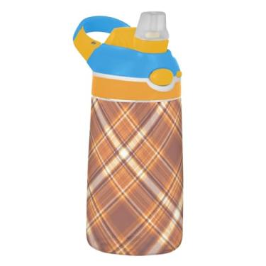 Imagem de Garrafa de água infantil com listras xadrez, marrom, laranja, 473 ml, à prova de vazamento, com tampa de palha, copo infantil reutilizável Tritan de 473 ml, portátil, alça de transporte