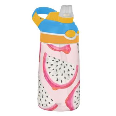 Imagem de Garrafa de água em aquarela com fatias de fruta do dragão rosa infantil 473 ml Tritan garrafa de água de plástico portátil com tampa de canudo 473 ml reutilizável copo de viagem infantil à prova de